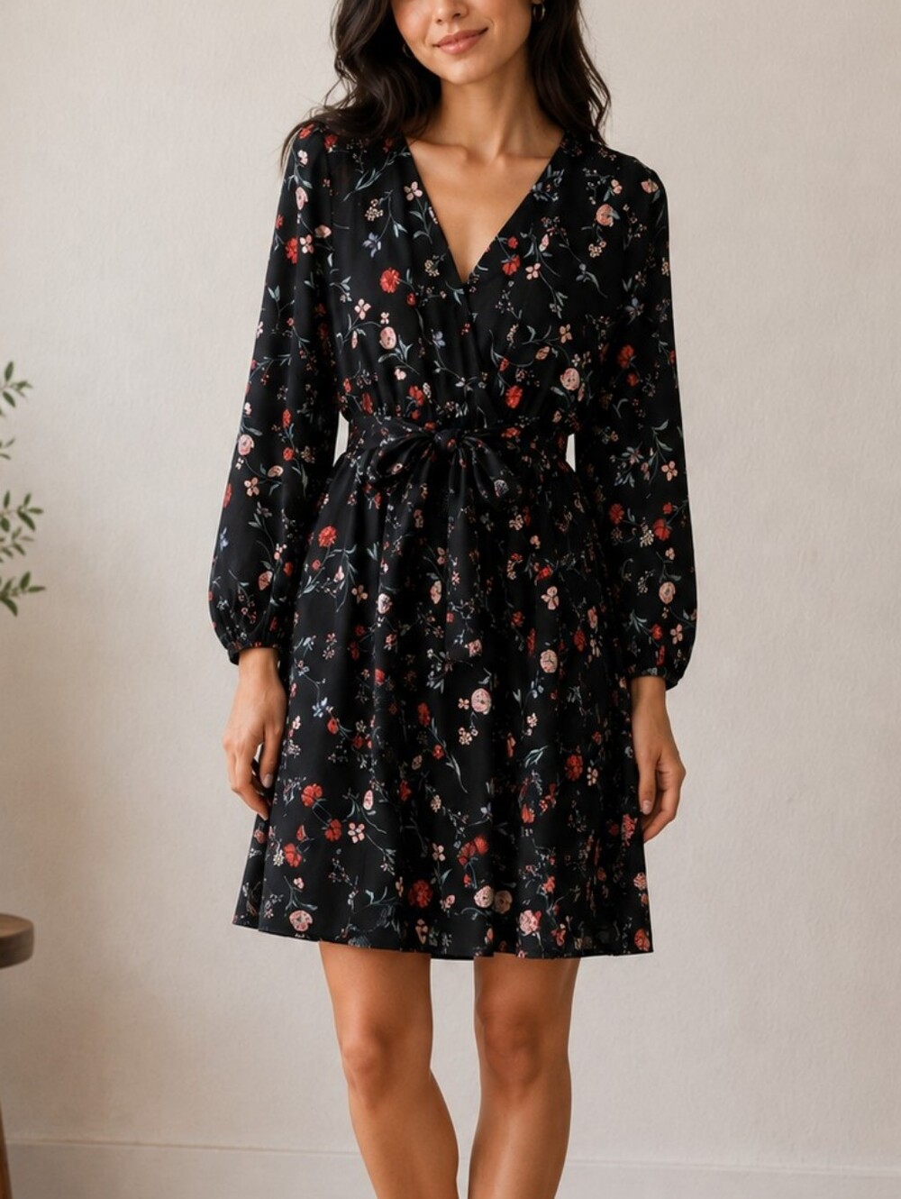 Petite muse Floral Wrap Mini Dress in Black with Red & Pink Blooms with pockets!